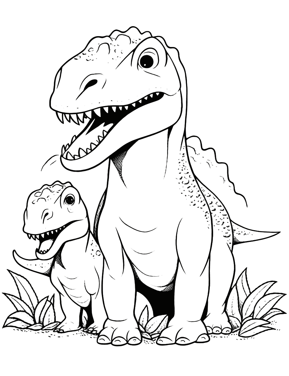 T-Rex Family Dinosaur Coloring Page - A family of T-Rex, featuring a parent and baby T-Rex.