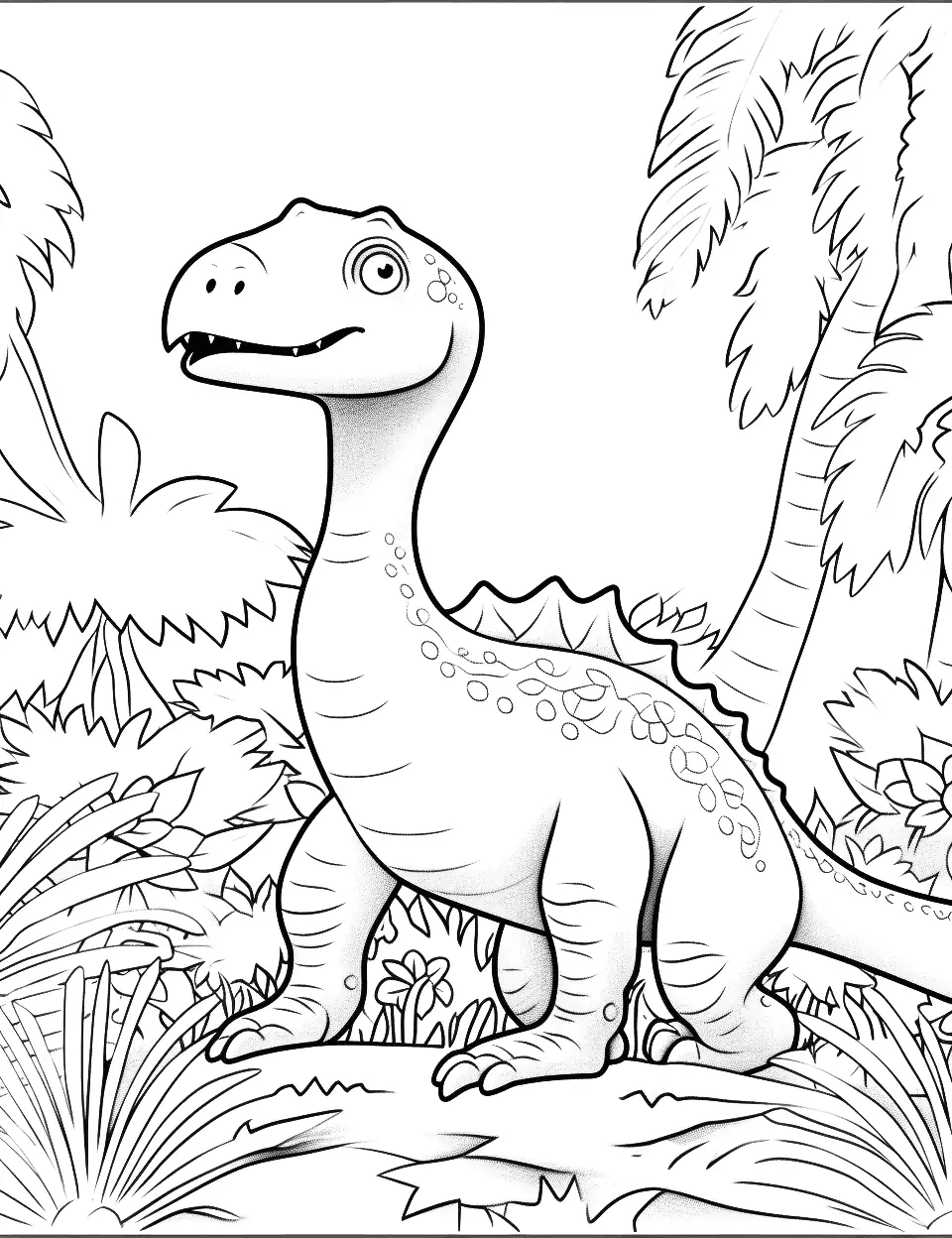 Raptor in the Rainforest Dinosaur Coloring Page - A raptor navigating through lush prehistoric rainforest.