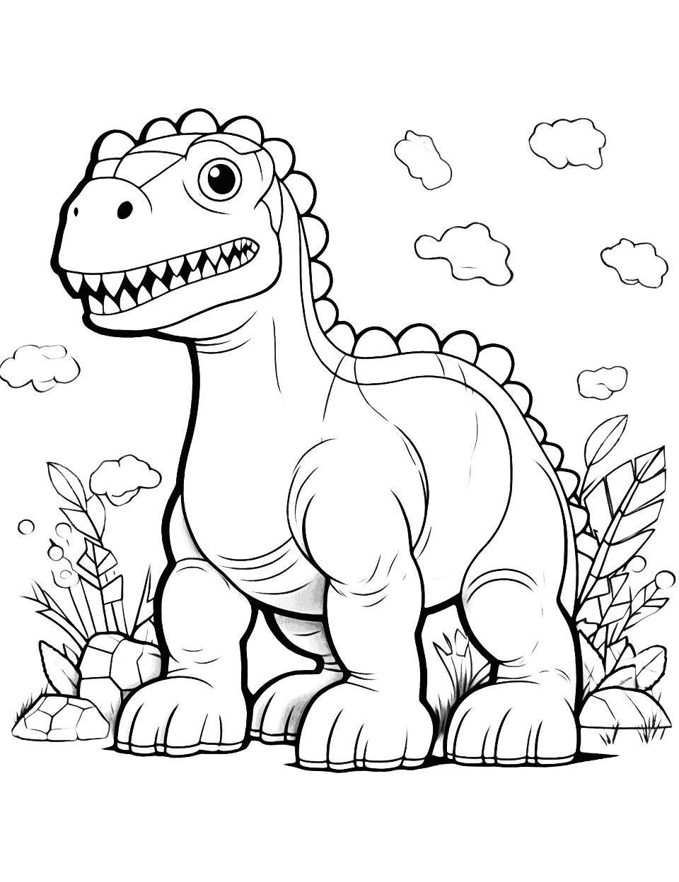 Cartoon Dinosaur Coloring Page - A coloring page featuring a cartoon-like dinosaur in the outdoors.