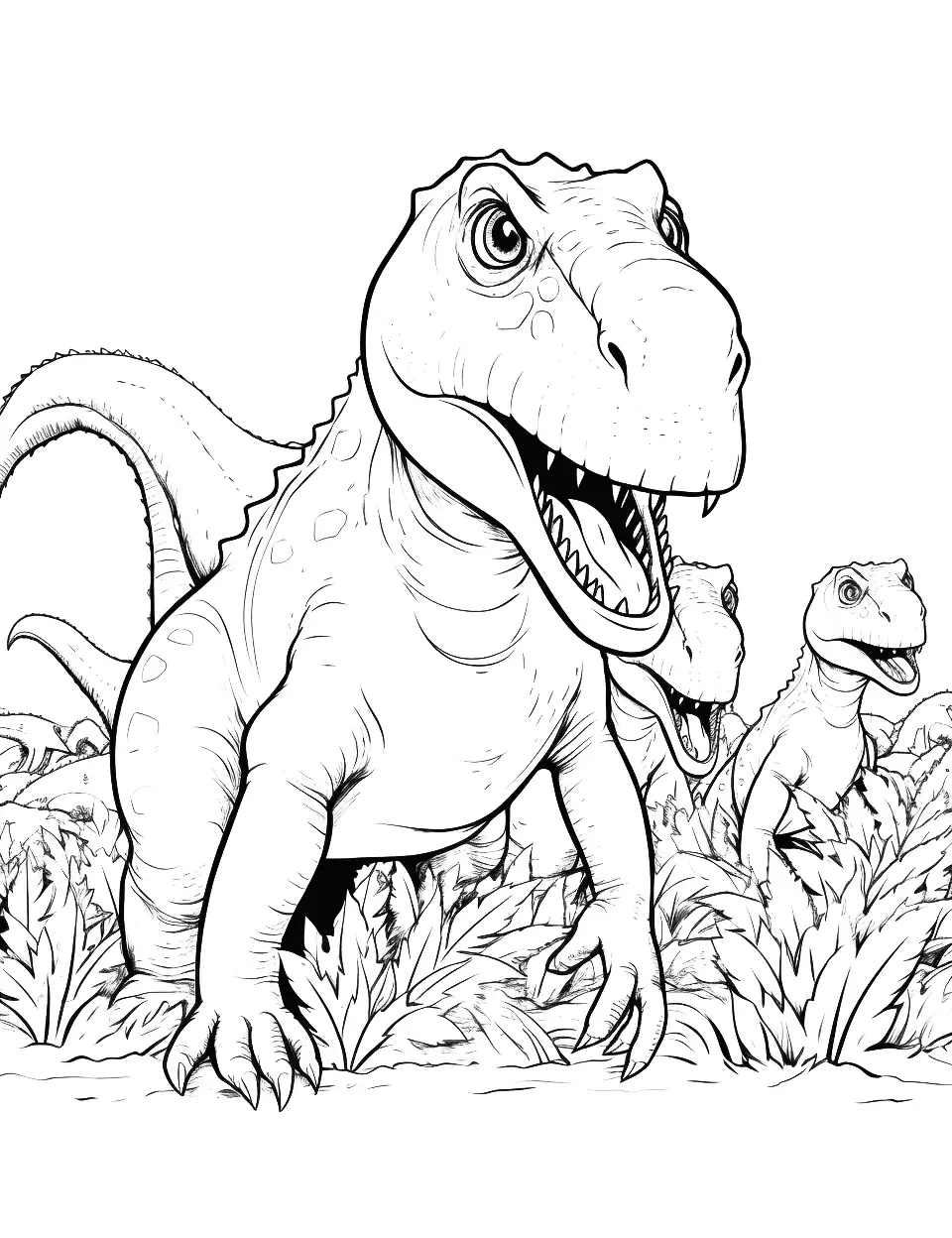Velociraptor Hunting Dinosaur Coloring Page - A pack of Velociraptors coordinating a hunt.