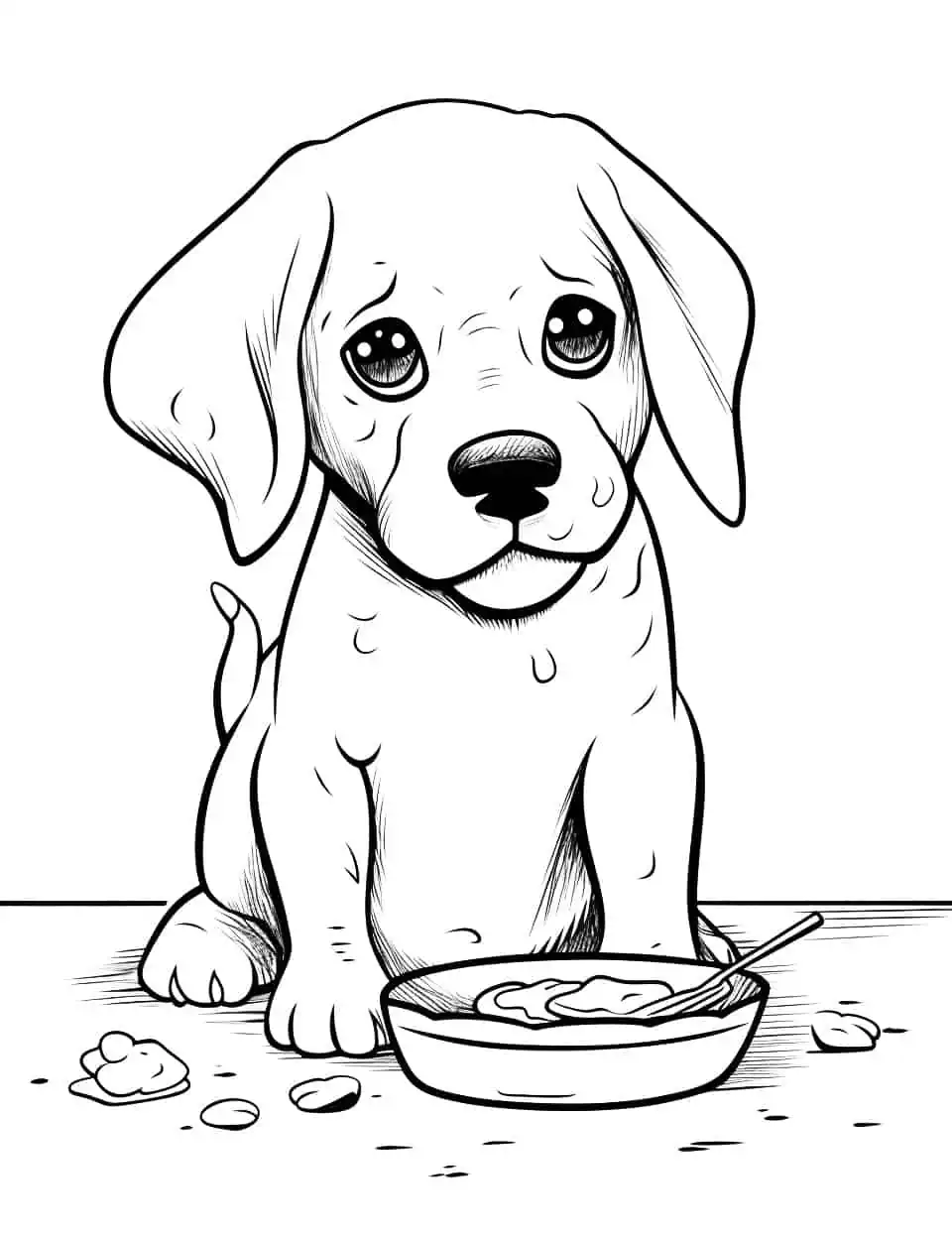 Beagle's Breakfast Dog Coloring Page - A Beagle puppy making a mess while trying to eat his breakfast.