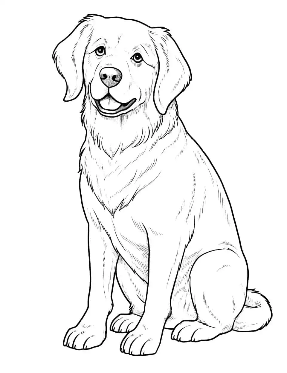 Realistic Golden Retriever Dog Coloring Page - A coloring page that showcases a realistic depiction of a Golden Retriever, sitting and looking off into the distance.
