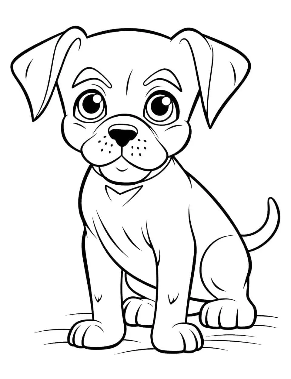 Kawaii Boxer Dog Coloring Page - A Boxer dog in a cute, kawaii style with big, adorable eyes.