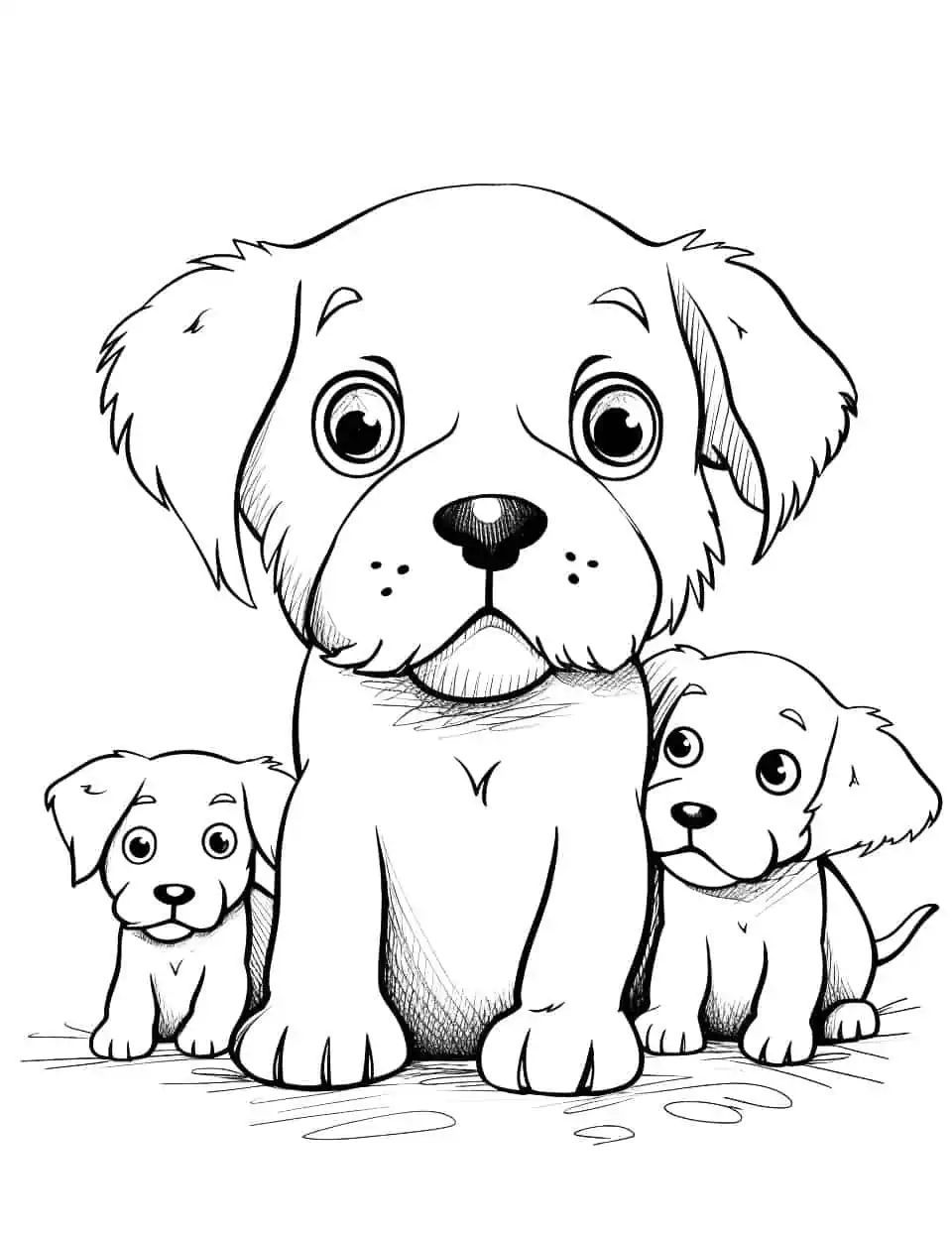 Baby Dog with Family Coloring Page - A baby dog playing with its siblings under the watchful eyes of their mother.