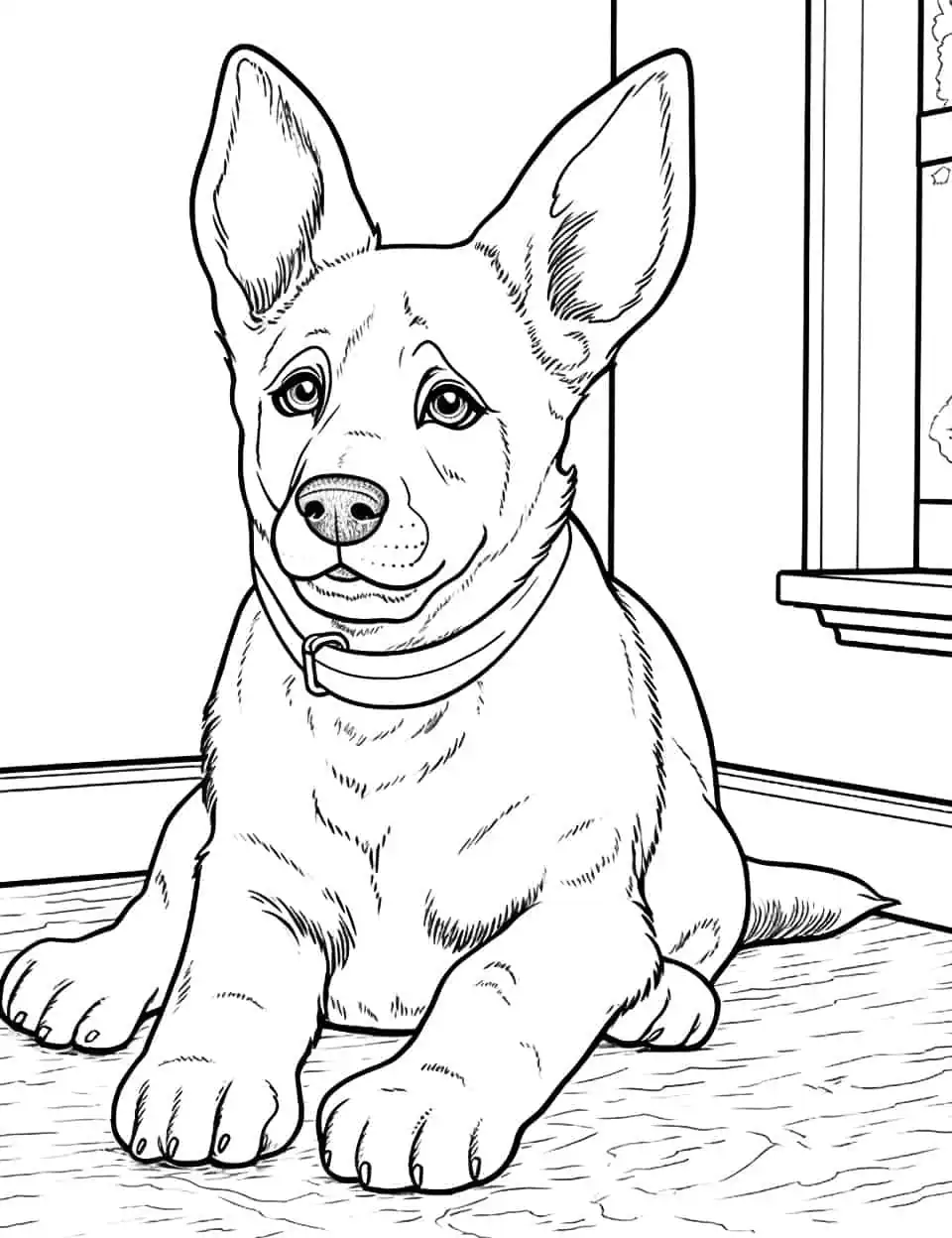 German Shepherd's Day Off Dog Coloring Page - A German Shepherd enjoying a day off at home, lounging on a cozy rug.