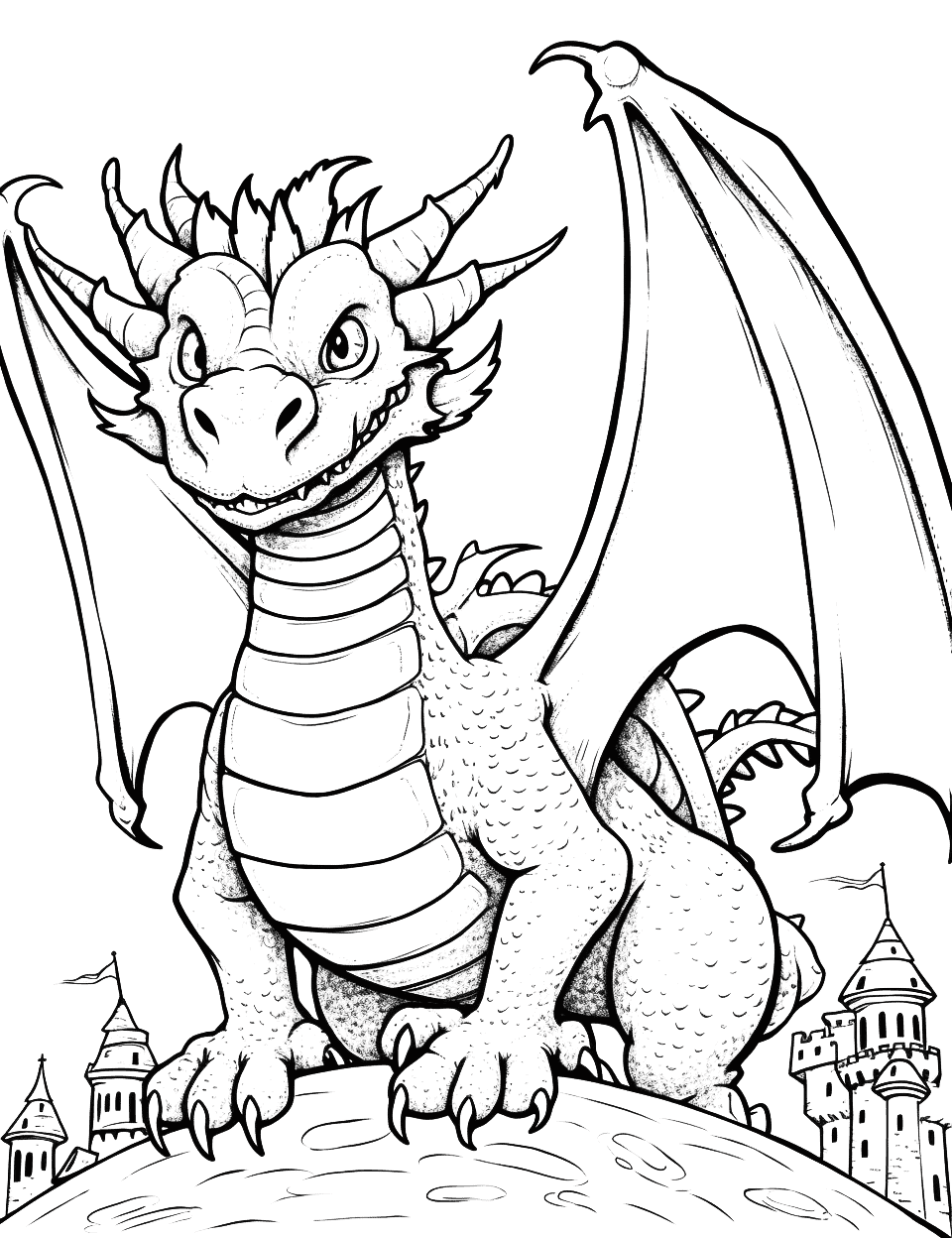 Detailed Dragon Coloring Page - An intricate, detailed dragon, next to a castle tower.