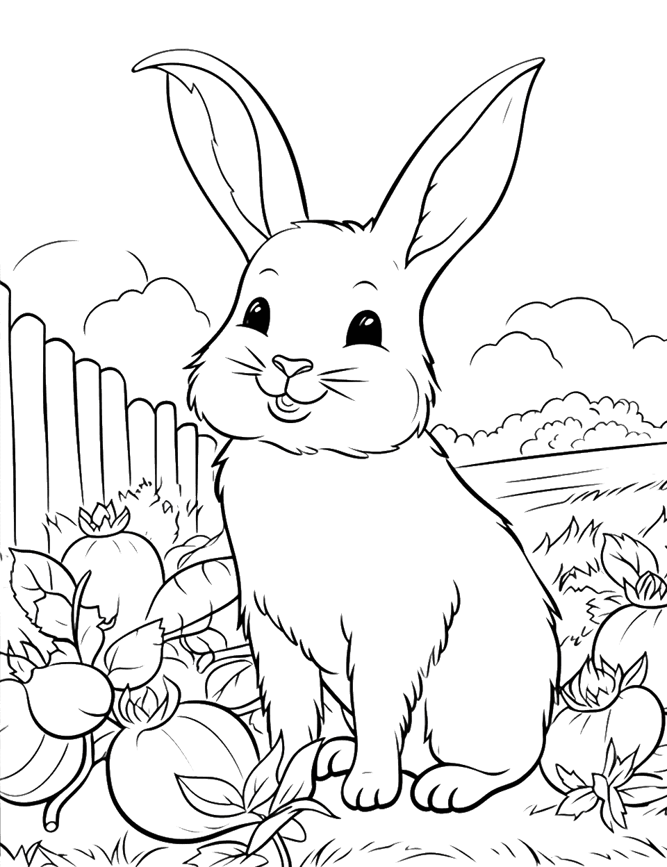 Rabbit in the Garden Farm Coloring Page - A rabbit in the garden sitting around various plants.