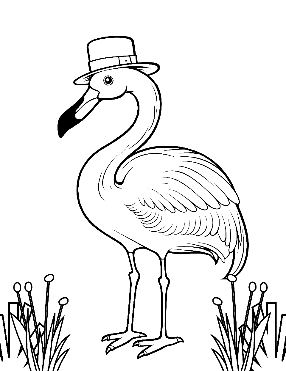 Fancy Flamingo with a Top Hat Coloring Page - A fancy flamingo wearing a top hat adding a humorous touch.