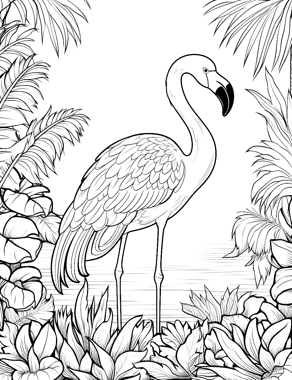 Tropical Flamingo Paradise Coloring Page - A flamingo amidst tropical foliage, with various leaves in the background.