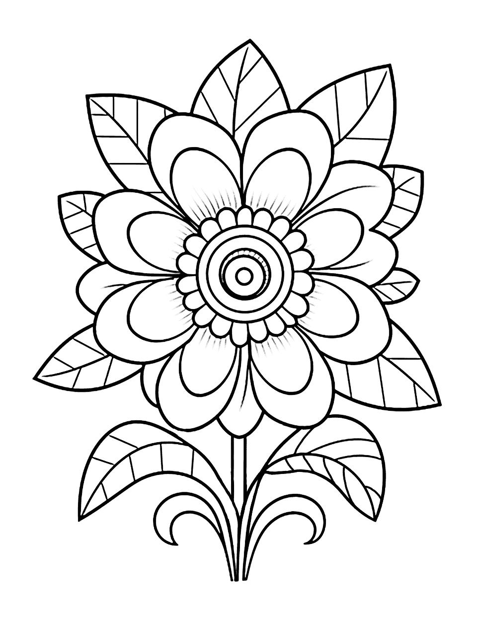 Stress Relief Floral Mandala Flower Coloring Page - A complex floral mandala designed for stress relief.