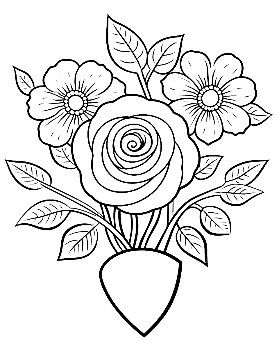 Heart-Shaped Rose Arrangement Flower Coloring Page - A beautiful heart-shaped arrangement of roses.