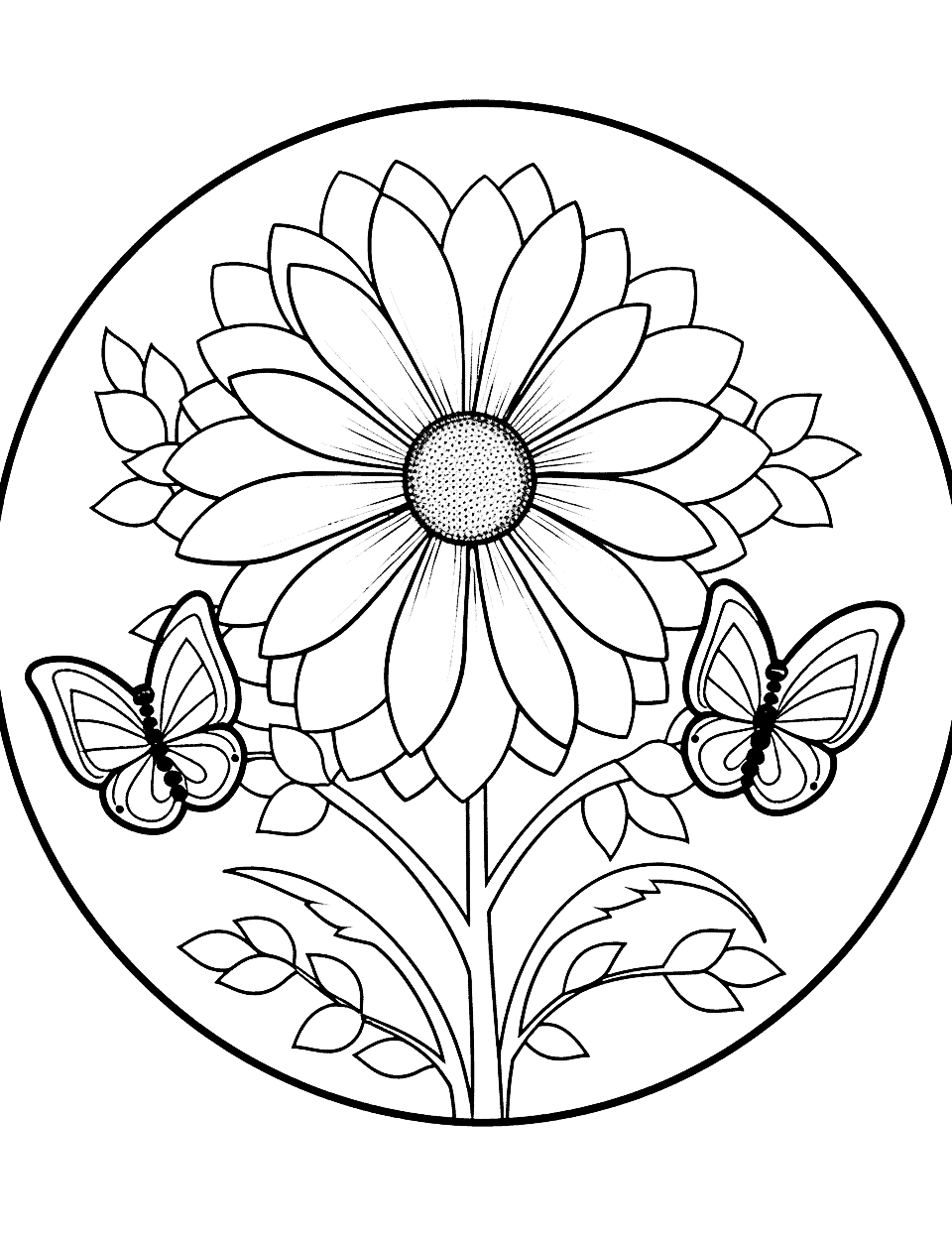 Sunflower and Butterfly Mandala Flower Coloring Page - A complex mandala featuring sunflowers and butterflies.