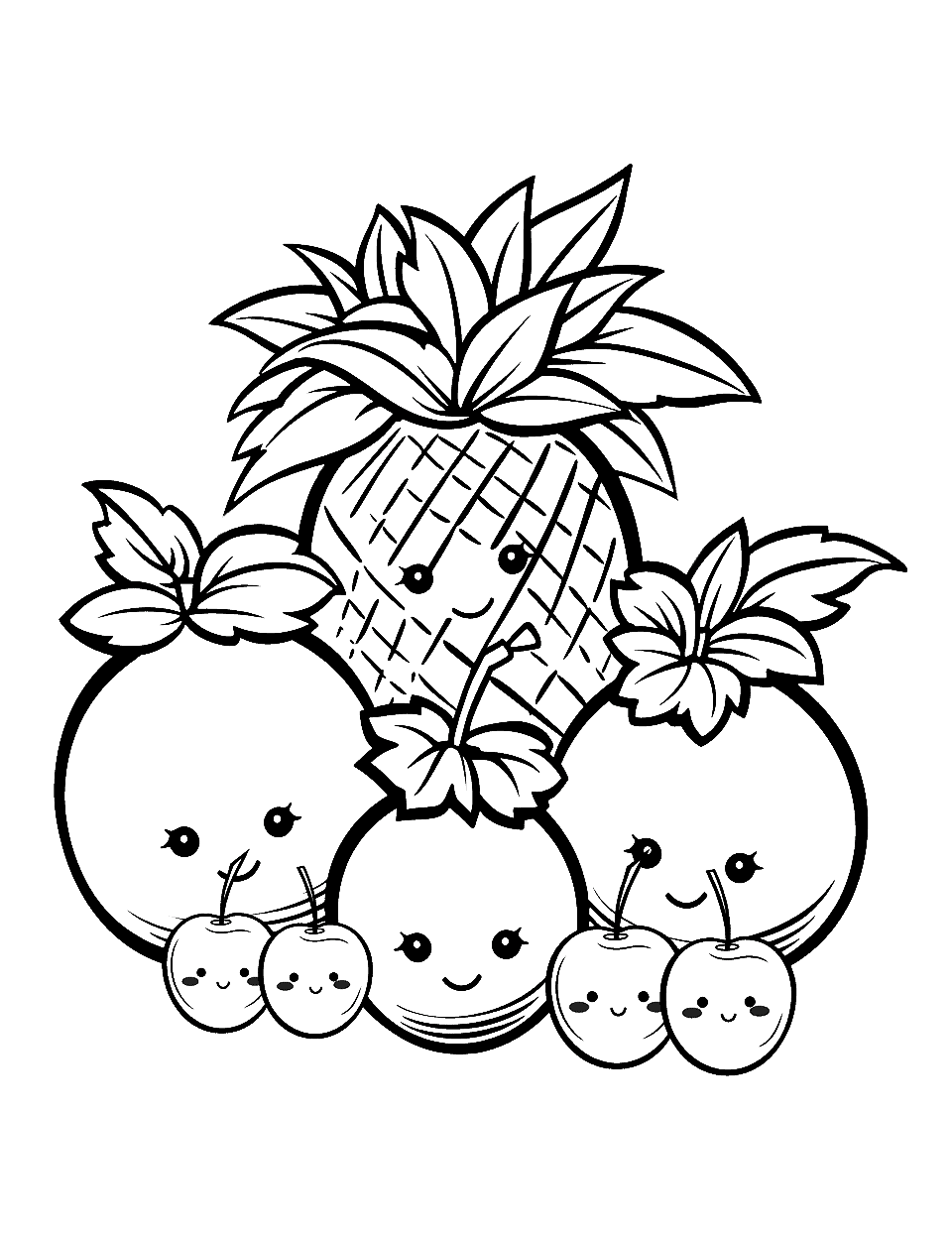 Kawaii Fruits Fruit Coloring Page - A collection of fruits with kawaii faces.