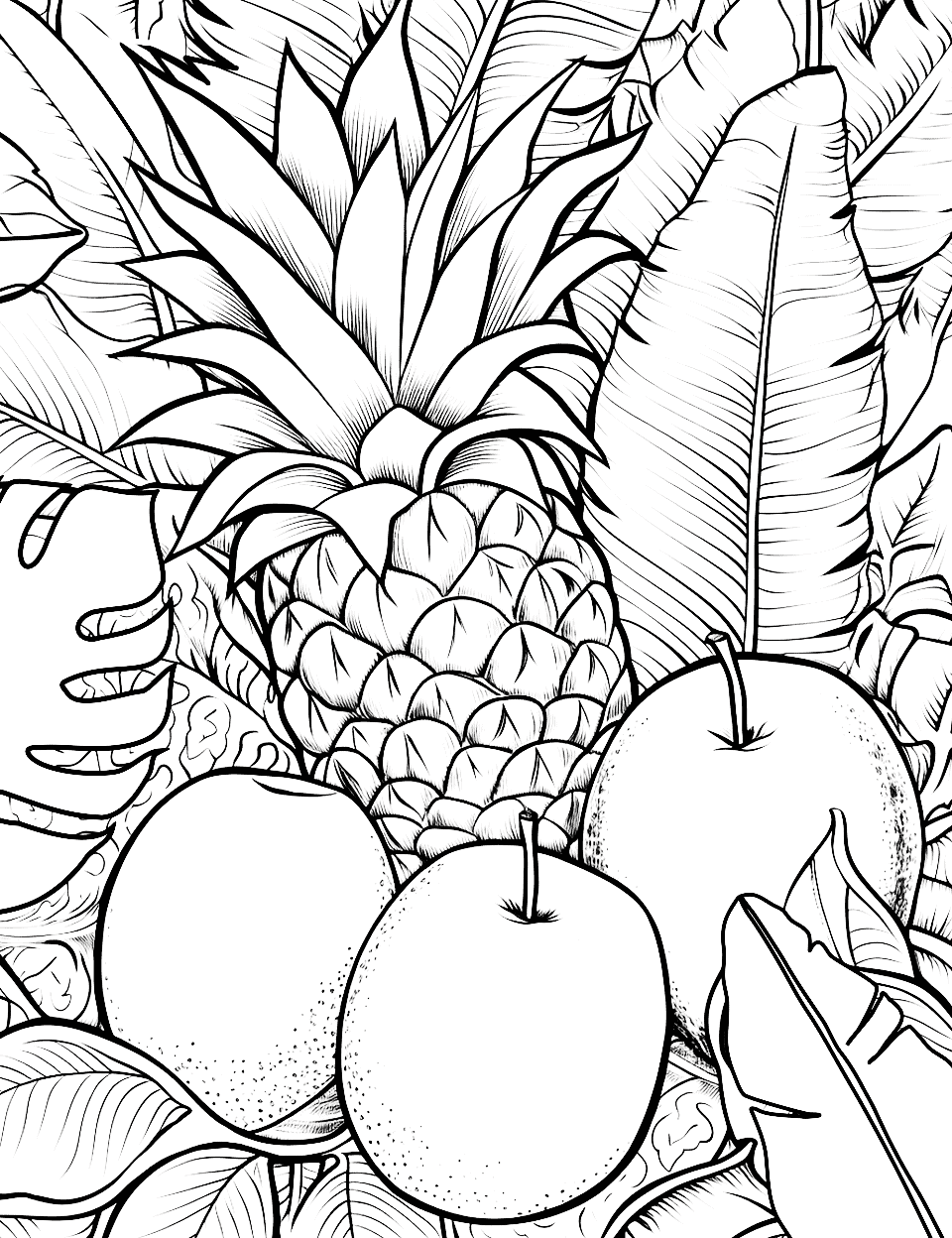 Fruit Jungle Coloring Page - Fruits amidst jungle foliage.