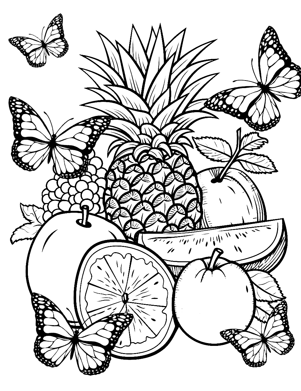 Fruit Butterfly Garden Coloring Page - Various types of fruits among butterflies.