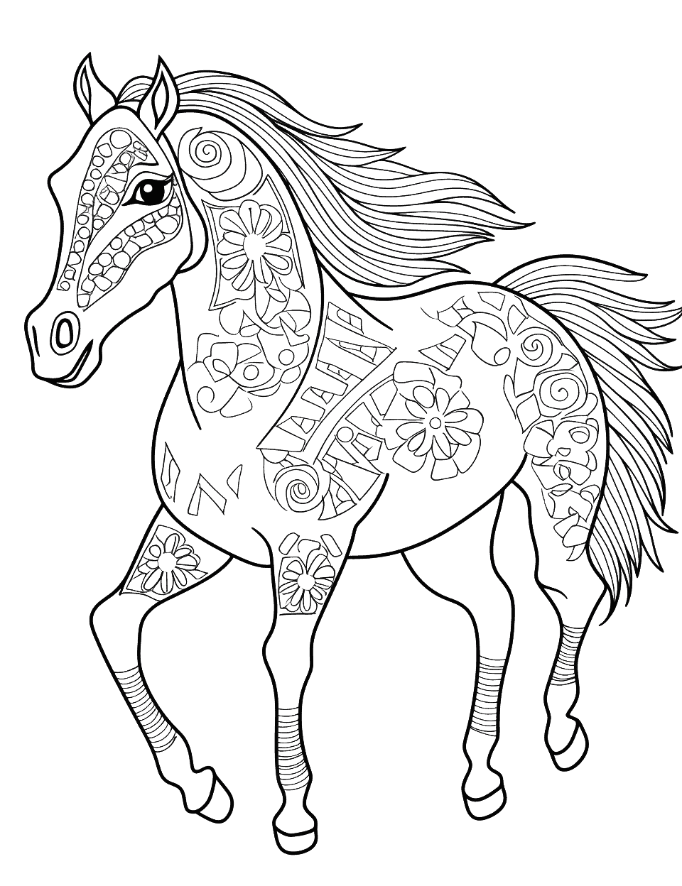 Horse Mandala Coloring Page - A beautiful mandala design incorporating horse elements, offering a calming coloring experience.