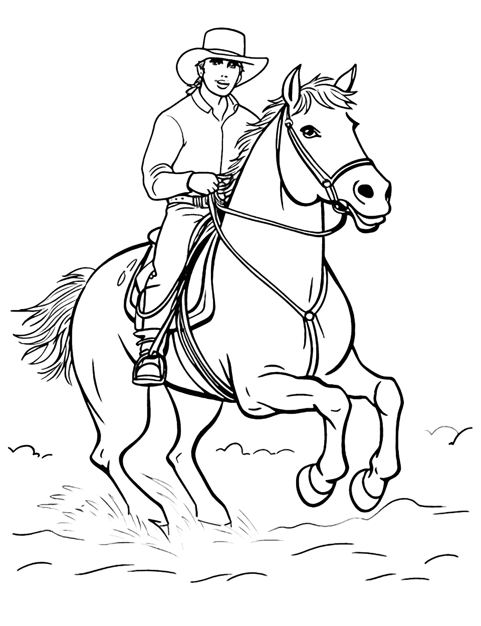 Rodeo Roundup Horse Coloring Page - A rodeo scene with a cowboy skillfully riding a bucking bronco.