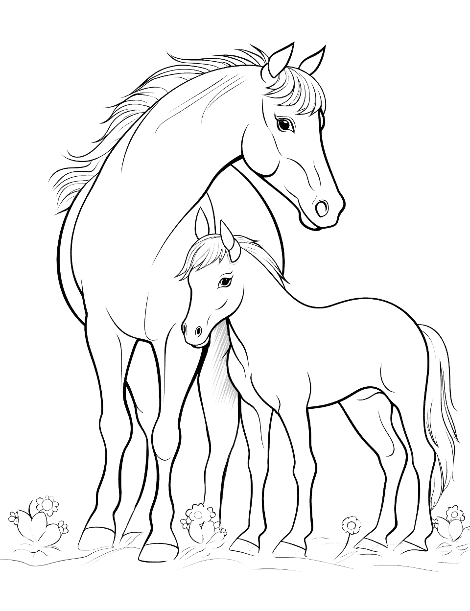 Cute Foal and Mother Horse Coloring Page - A cute scene of a foal nuzzling its mother.