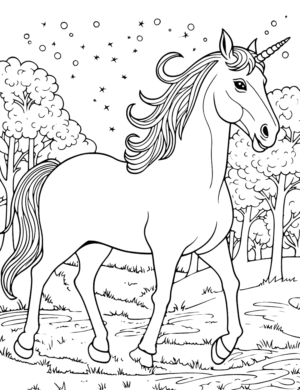 Unicorn in a Magical Forest Horse Coloring Page - A unicorn prancing through a magical forest with twinkling stars above.