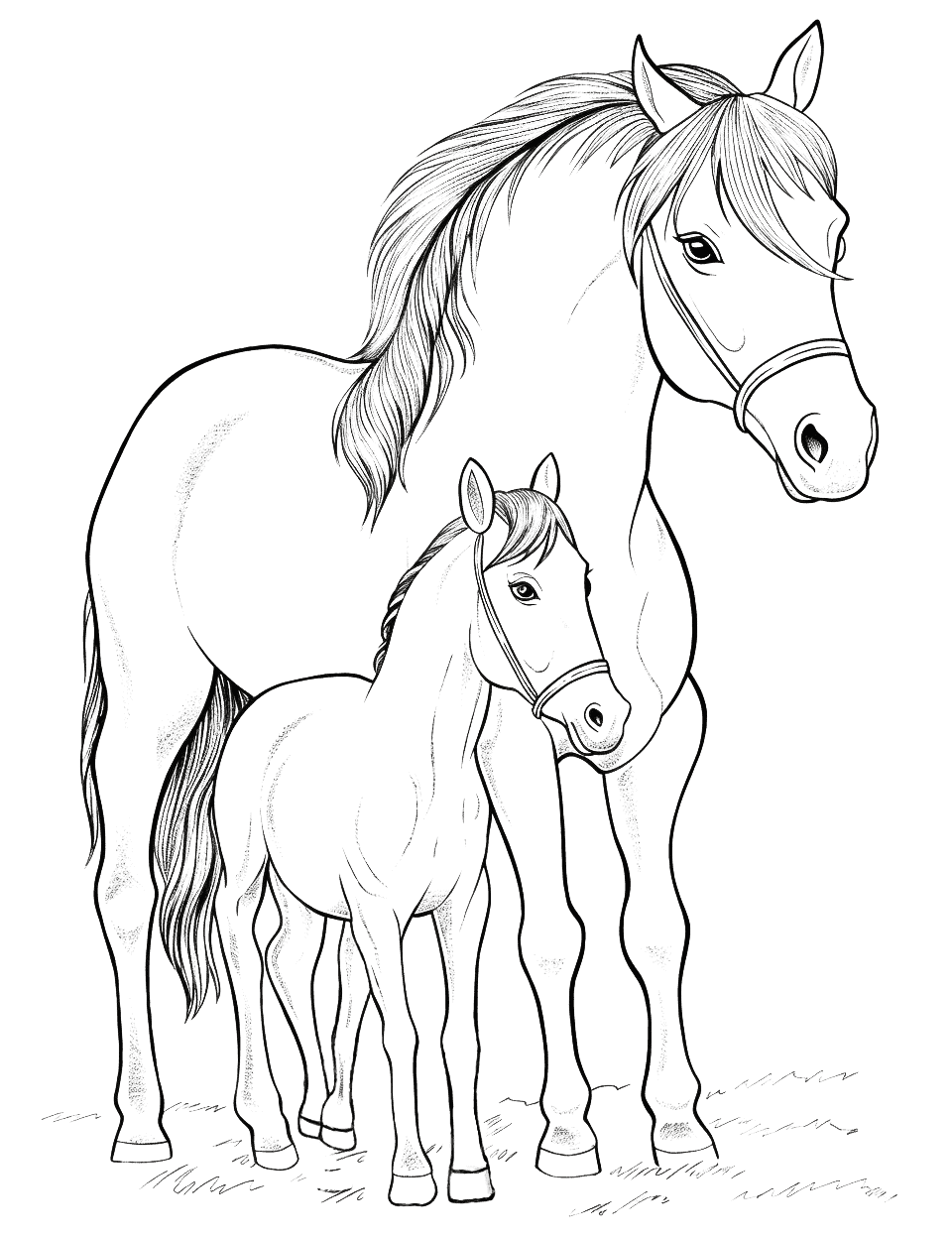 Baby Horse with Mother Coloring Page - A touching scene of a baby horse or foal staying close to its mother.
