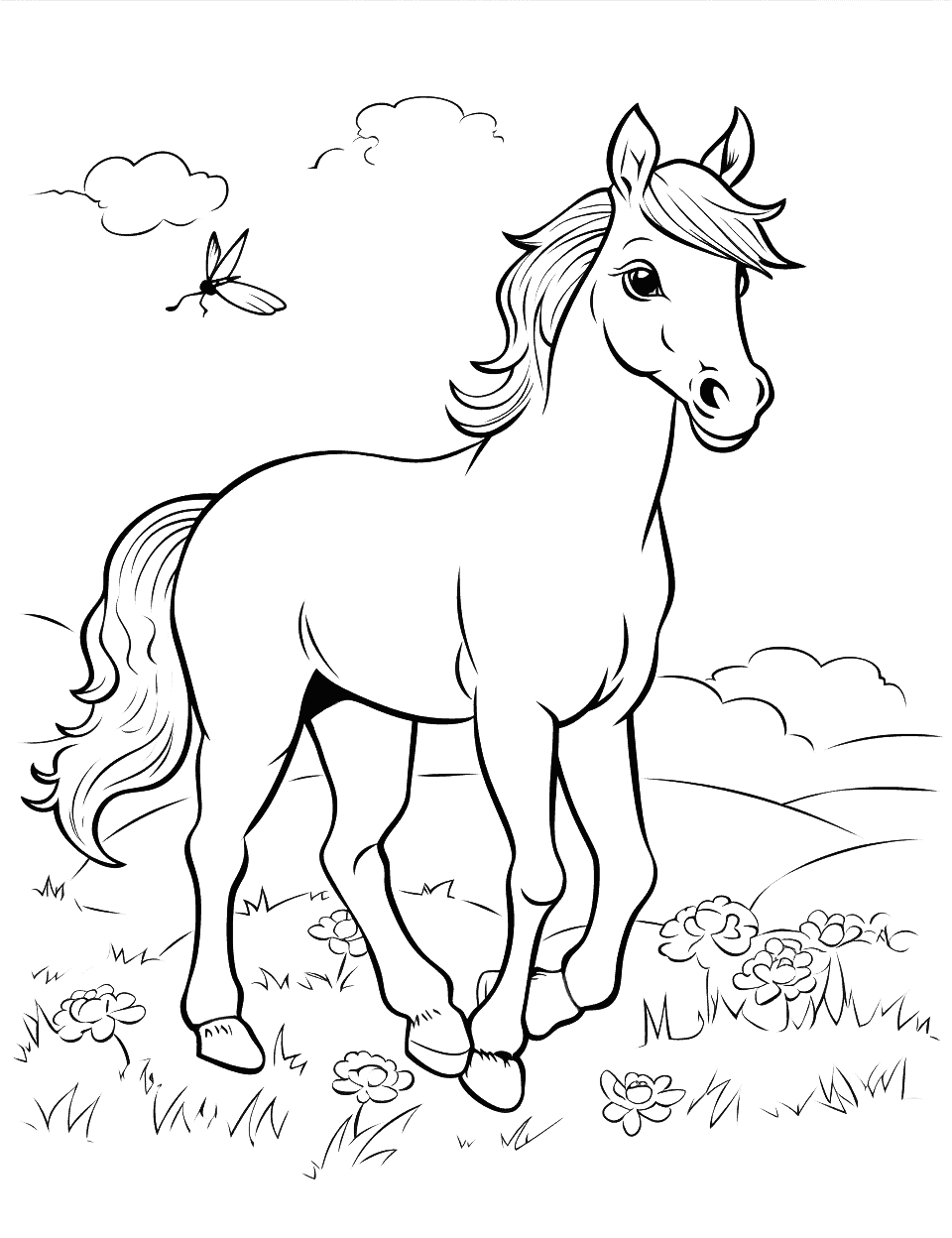 Cute Foal Playing Horse Coloring Page - A cute foal playing with butterflies in a sunny meadow.
