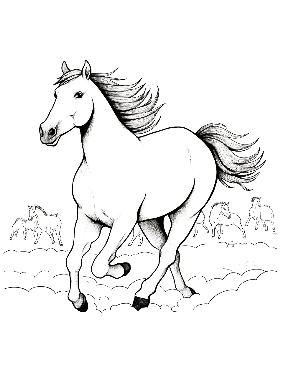 Running Mustang in the Wild Horse Coloring Page - A wild Mustang horse running with a herd in the wild.