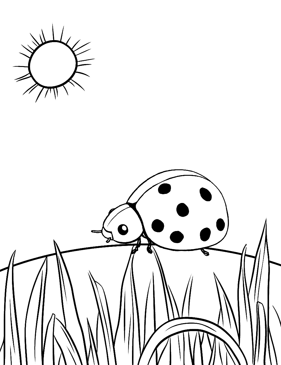 Sunbathing Ladybug Coloring Page - A ladybug enjoying the warmth on a sunny patch of grass.