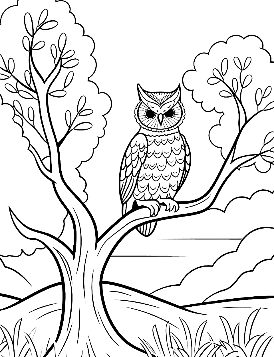 Owl Perched in a Tree at Night Nature Coloring Page - An owl sitting in the branch of a tree at night.