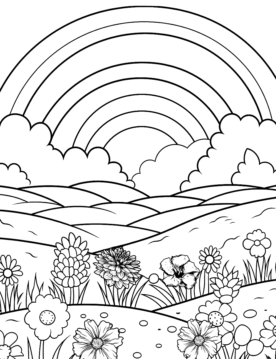 Rainbow Over a Flower Field Nature Coloring Page - A vibrant rainbow arching over a field of wildflowers.