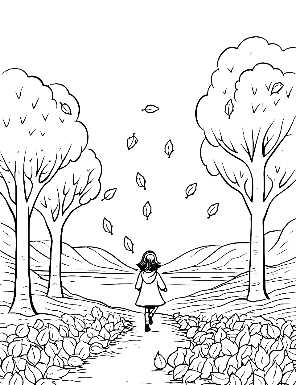 Autumn Leaves Falling Nature Coloring Page - A scene of autumn trees with leaves falling gently to the ground.