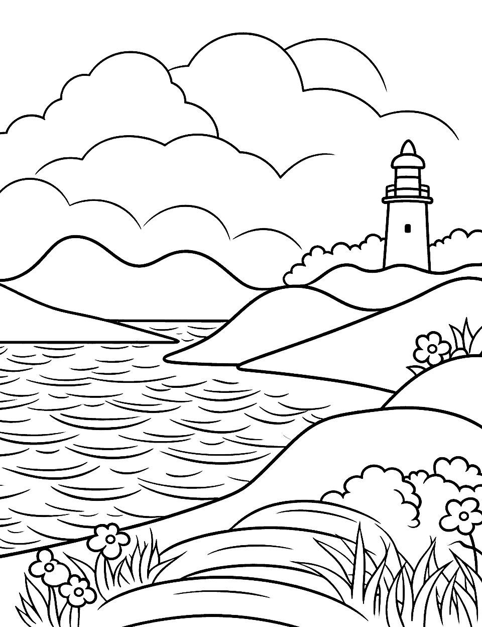 Lighthouse by the Sea Nature Coloring Page - A lighthouse standing tall by the sea shore.