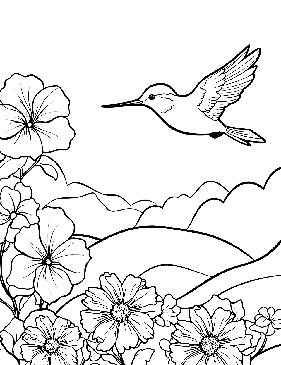 Hummingbird Near a Blossom Nature Coloring Page - A hummingbird hovering close to blooming flowers.