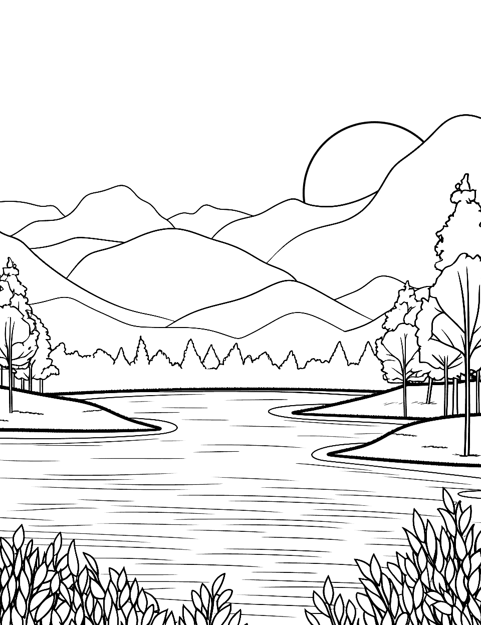 Calm Lake at Dawn Nature Coloring Page - A still lake surrounded by trees.