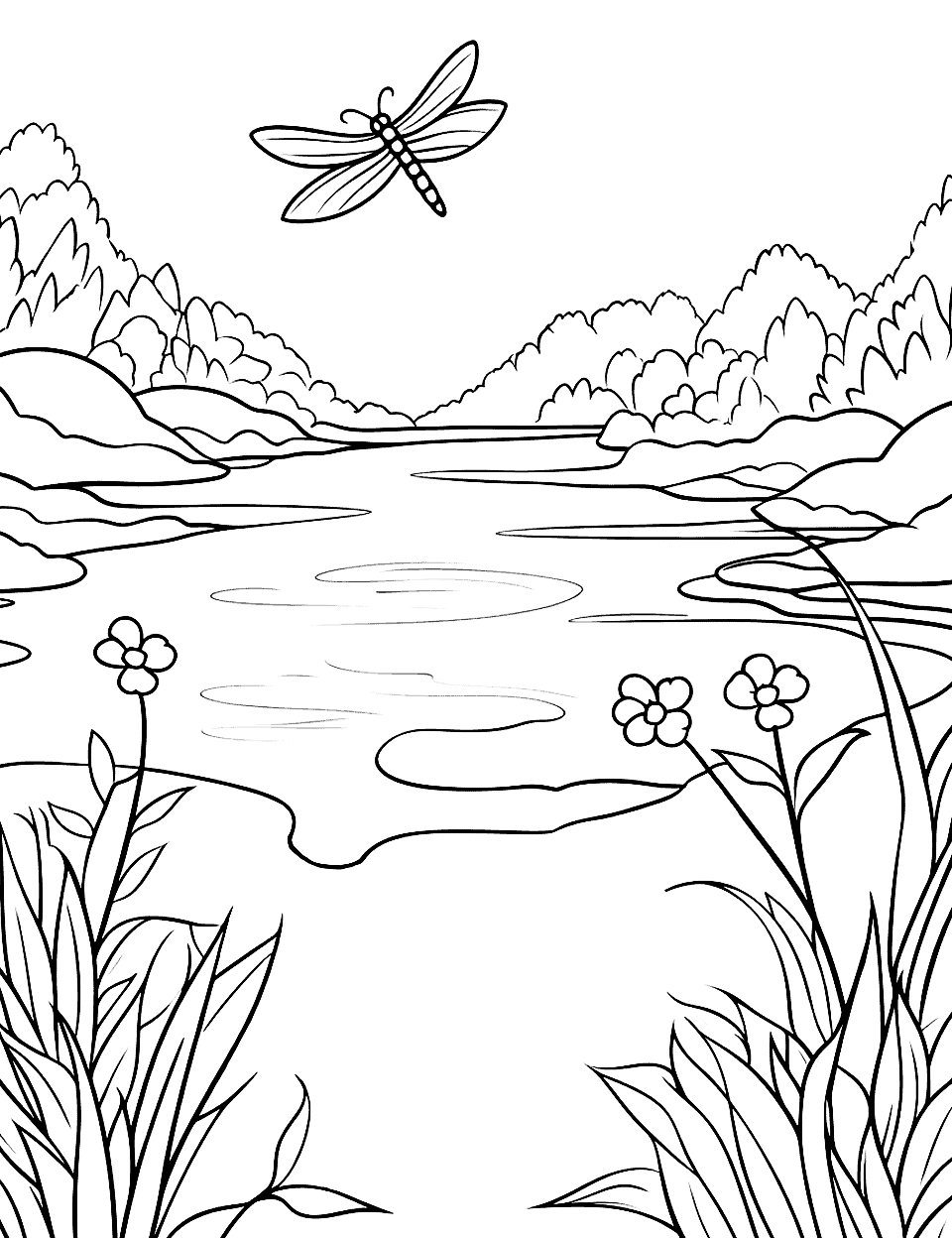 Dragonfly Over a Pond Nature Coloring Page - A dragonfly flying over a pond with flowers.