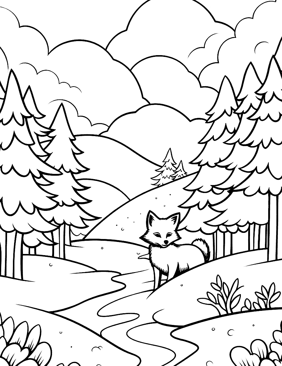 Fox in a Snowy Forest Nature Coloring Page - A fox walking through a snowy forest with snow-covered trees.