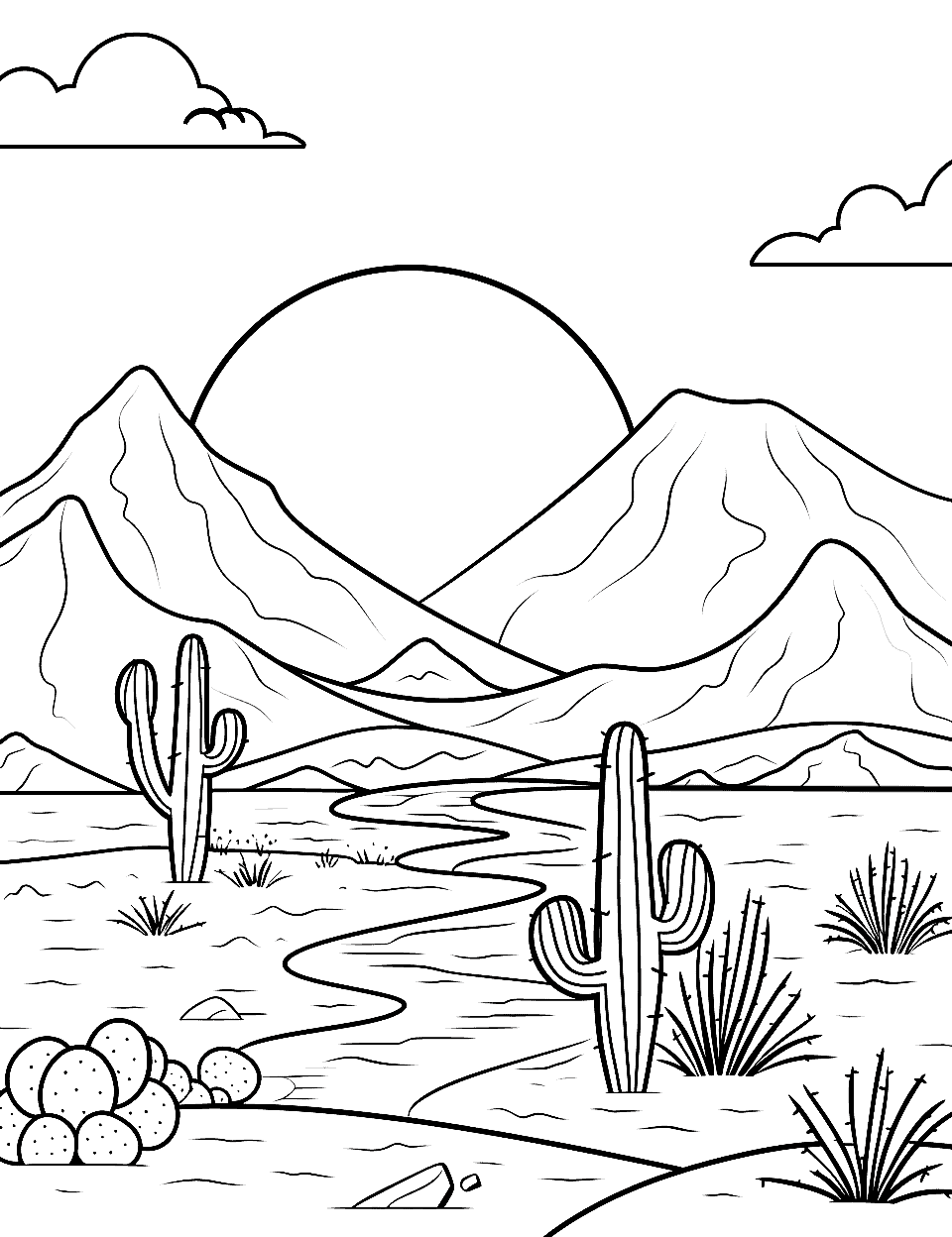 Desert Landscape at Sunset Nature Coloring Page - A desert scene with cacti and mountains, under a sunset sky.