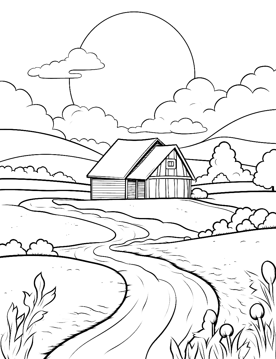 Farm Landscape with Barn Nature Coloring Page - A simple farm scene with a barn and a clear sky in the distance from the twisting road.