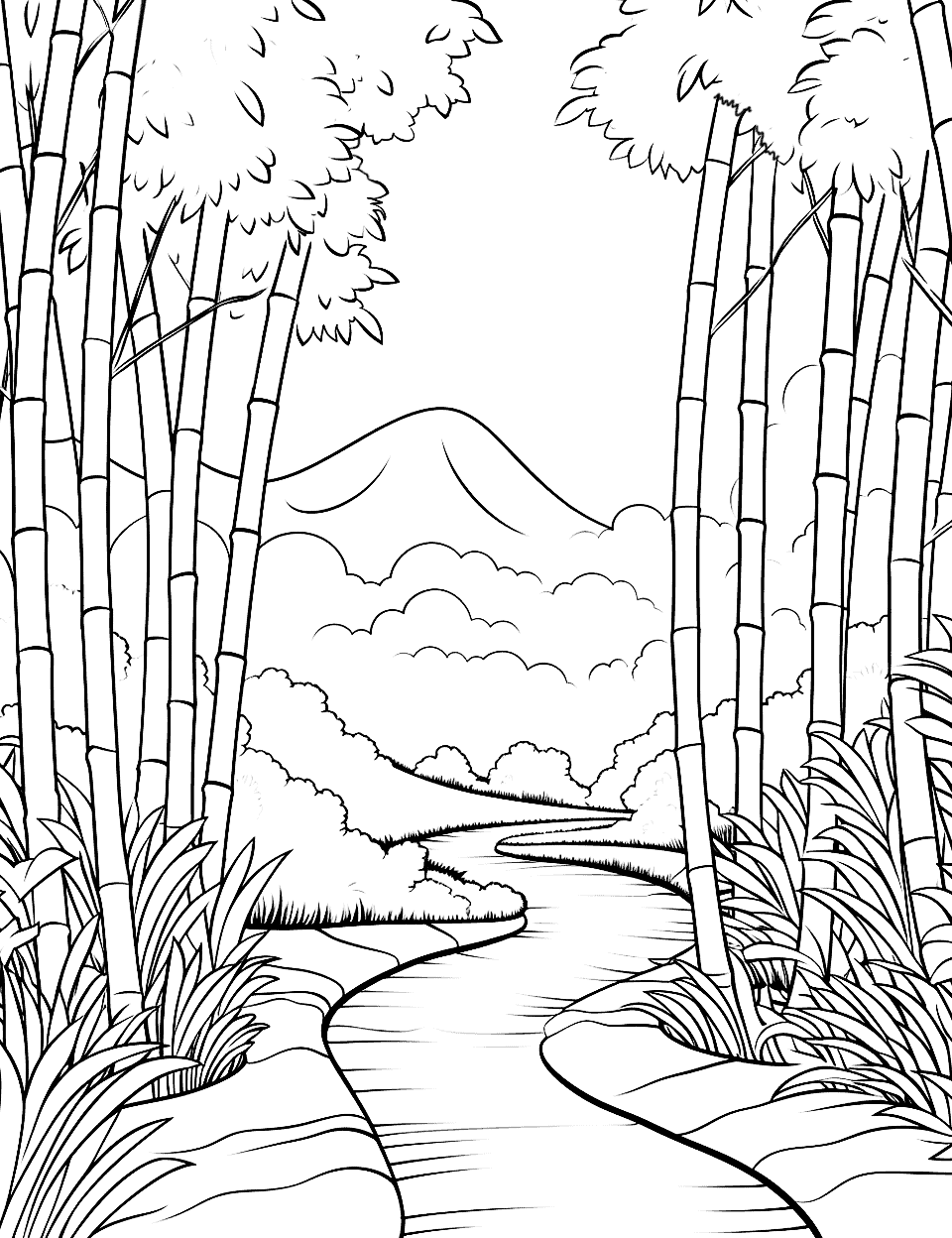 Bamboo Forest Path Nature Coloring Page - A path winding through a dense bamboo forest.