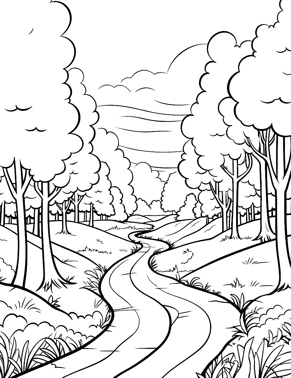 Enchanted Forest Path Nature Coloring Page - A winding path through a forest with towering trees.