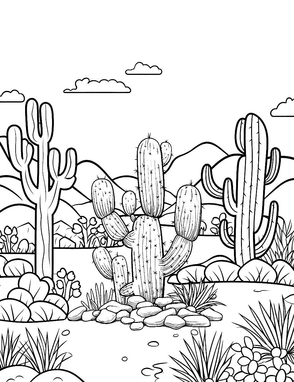 Cactus Garden Nature Coloring Page - A scene showing a variety of cacti in a desert-like area.