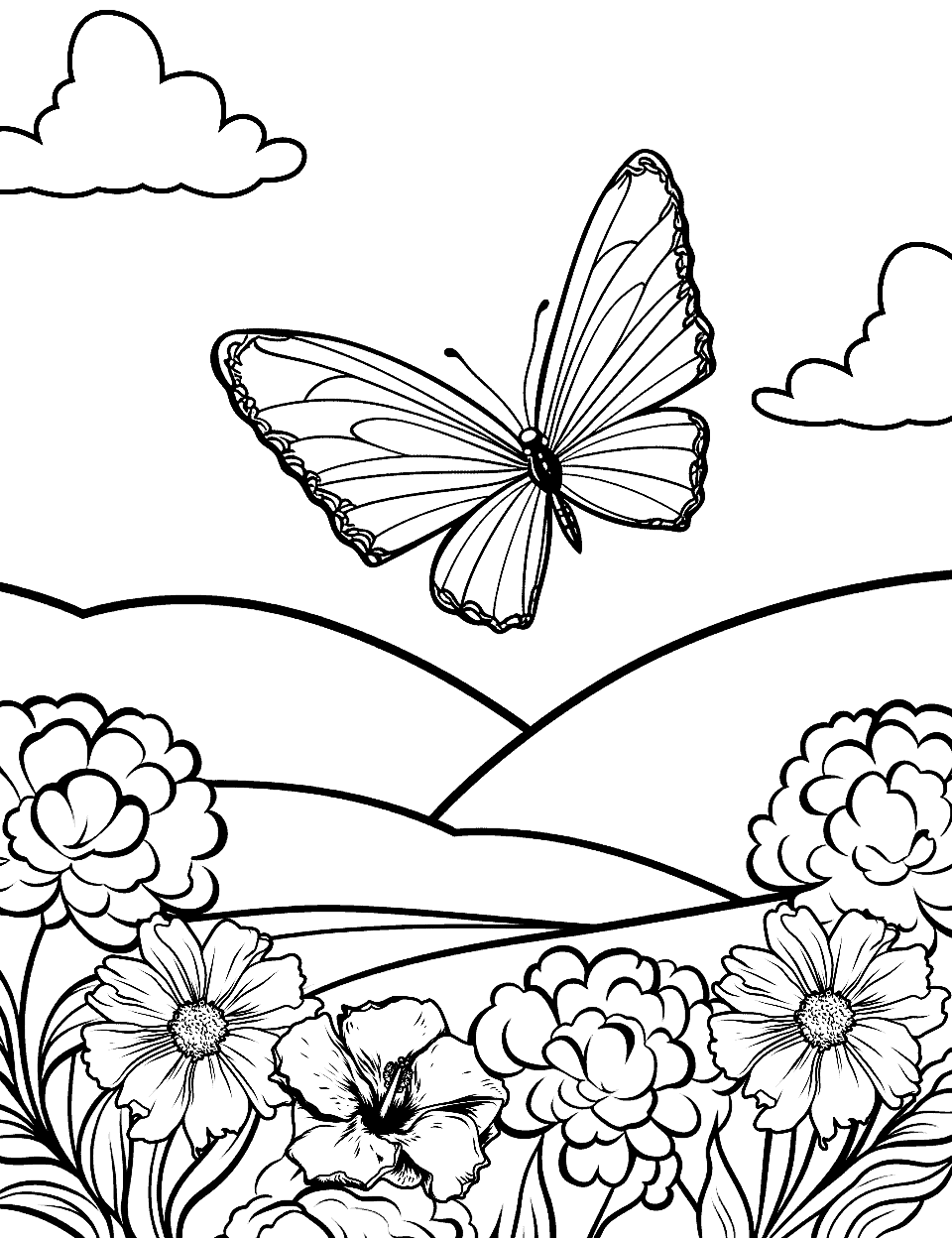 Butterfly Flying Nature Coloring Page - A delicate butterfly flying over flowers in a lush garden.