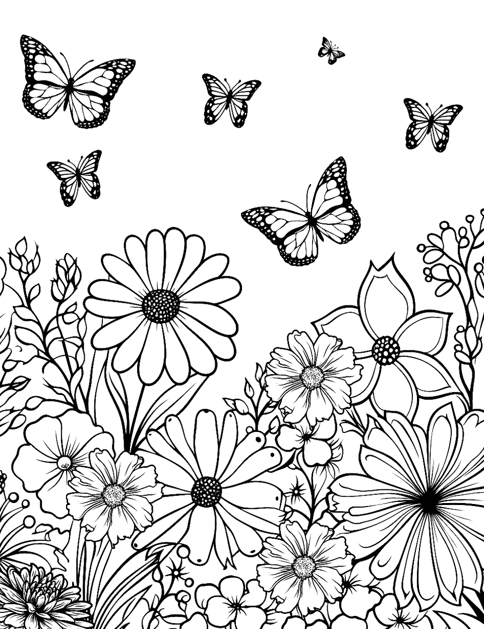 Spring Garden Bliss Nature Coloring Page - A garden full of spring flowers, with butterflies flying around.