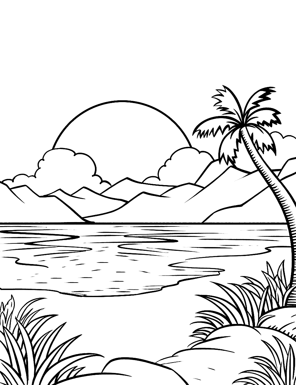 Sunset at the Island Shore Nature Coloring Page - A breathtaking sunset view at a secluded island beach with palm trees.