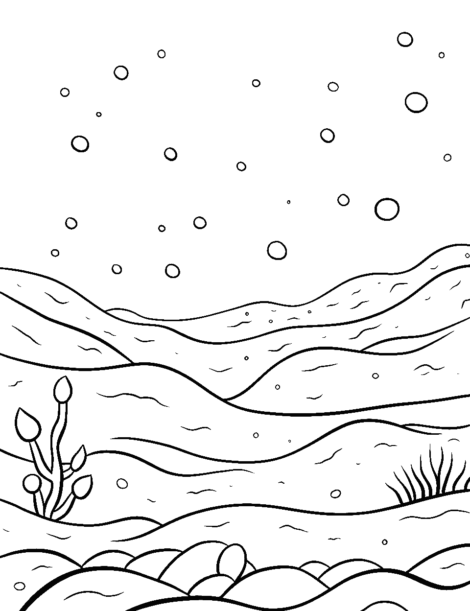 Sandy Ocean Floor Discovery Coloring Page - A simple ocean floor scene with sand and a few rocks.