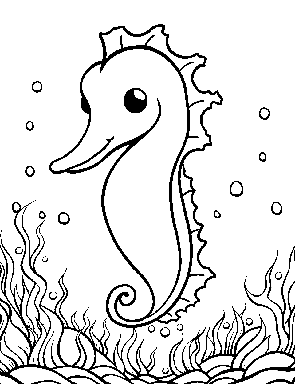 Cute Seahorse Encounter Ocean Coloring Page - A small, adorable seahorse floating near seaweed.