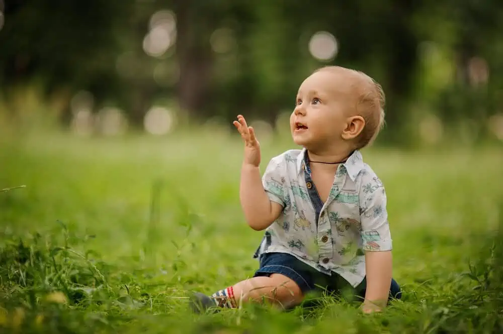 Happy little boy sitting on the grass at the park