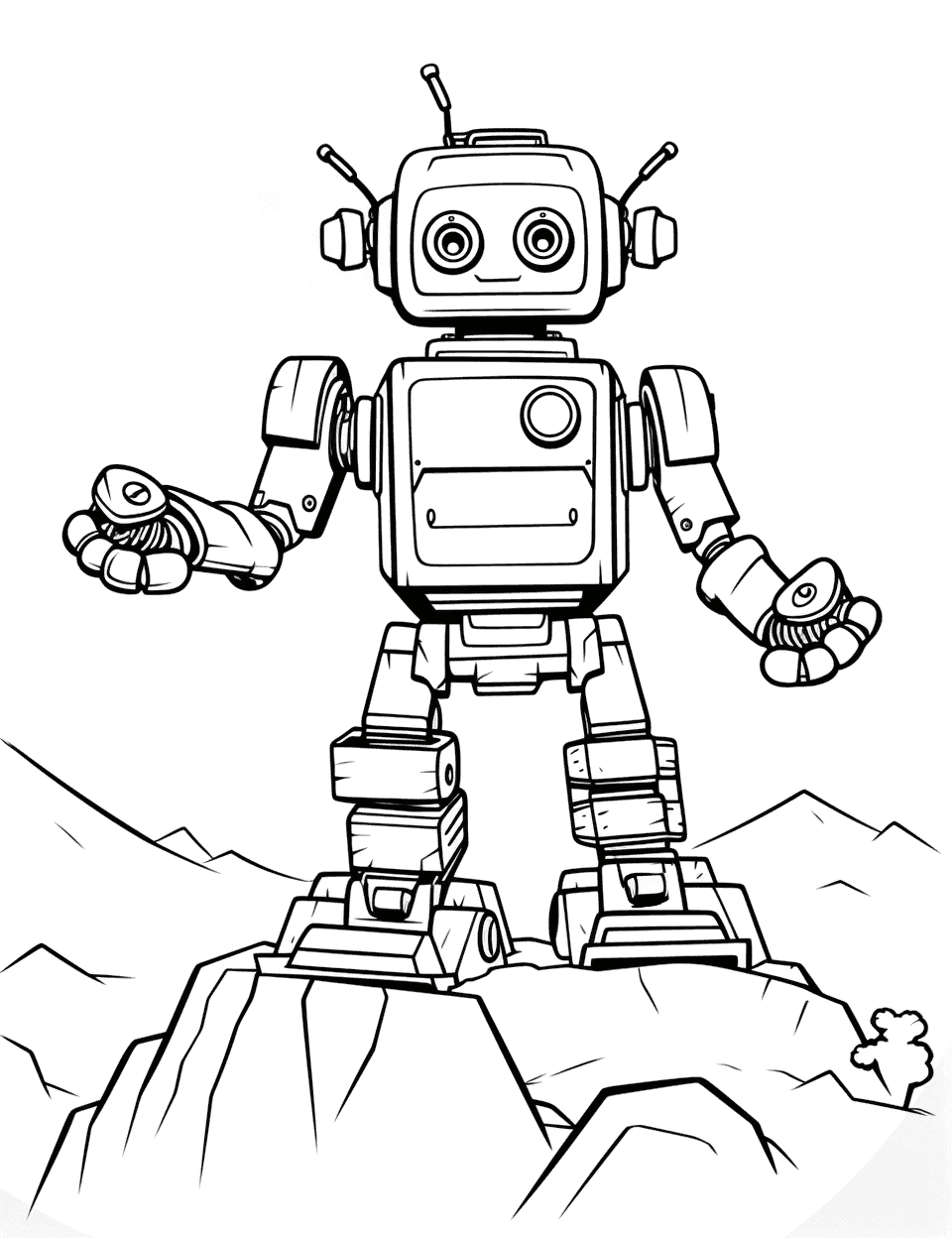 Mountaineering Robot Climbing Coloring Page - A robot scaling a rocky mountain.