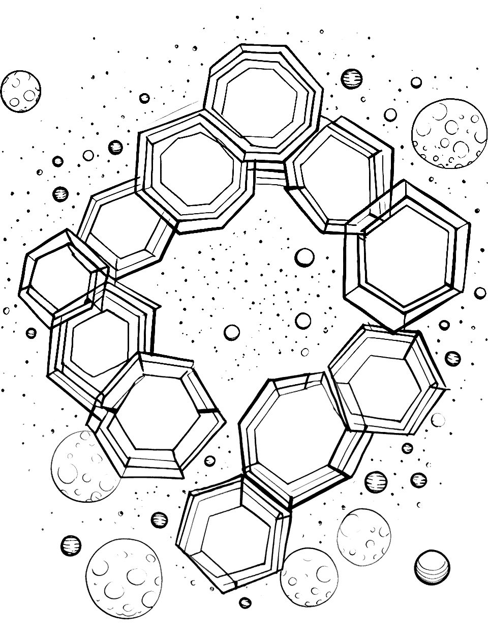 Saturn's Hexagon Storm Solar System Coloring Page - Saturn’s north pole showing the hexagon storm pattern.