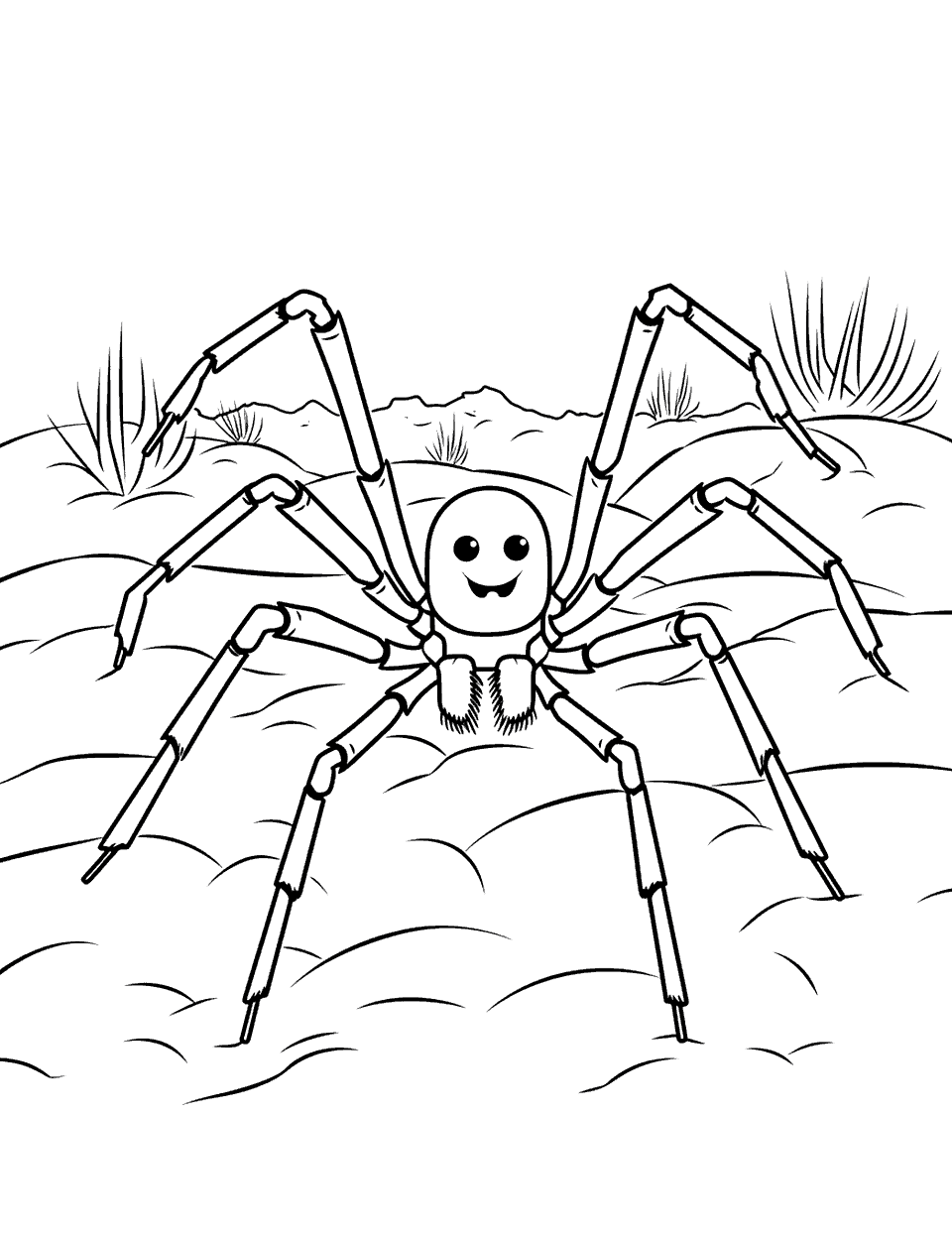 Spider in the Desert Coloring Page - A spider crawling on a desert landscape.