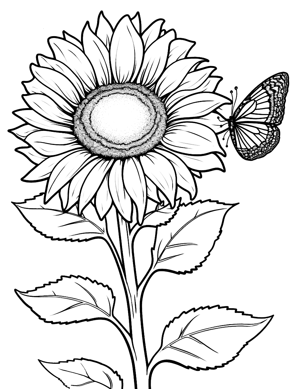 Sunflower and Butterfly Coloring Page - A large sunflower with a butterfly perched on one of its petals.